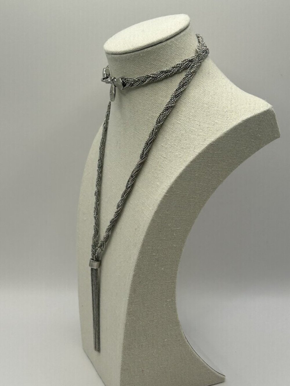 Ann Taylor Tassel Necklace LONG Silver Tone Braided Chain Signed Jewelry Gift - Picture 6 of 9